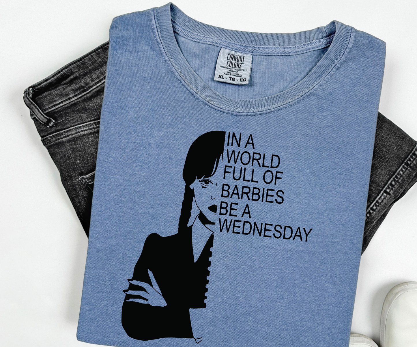 In a world full of Barbies, be a Wednesday shirt, Nevermore Academy comfort color, The Addams Family funny T-shirt, Wednesday and Mondays.