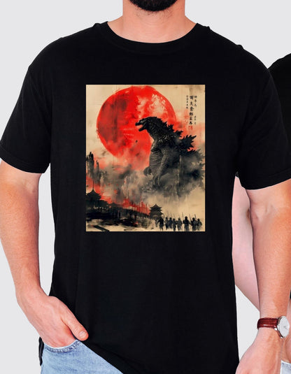 Godzilla Japanese Godzilla Woodblock Style Shirt , Retro Horror Monster T-shirt , Kaiju Fan Top | Unique Gift Idea, Japanese Giant Monster