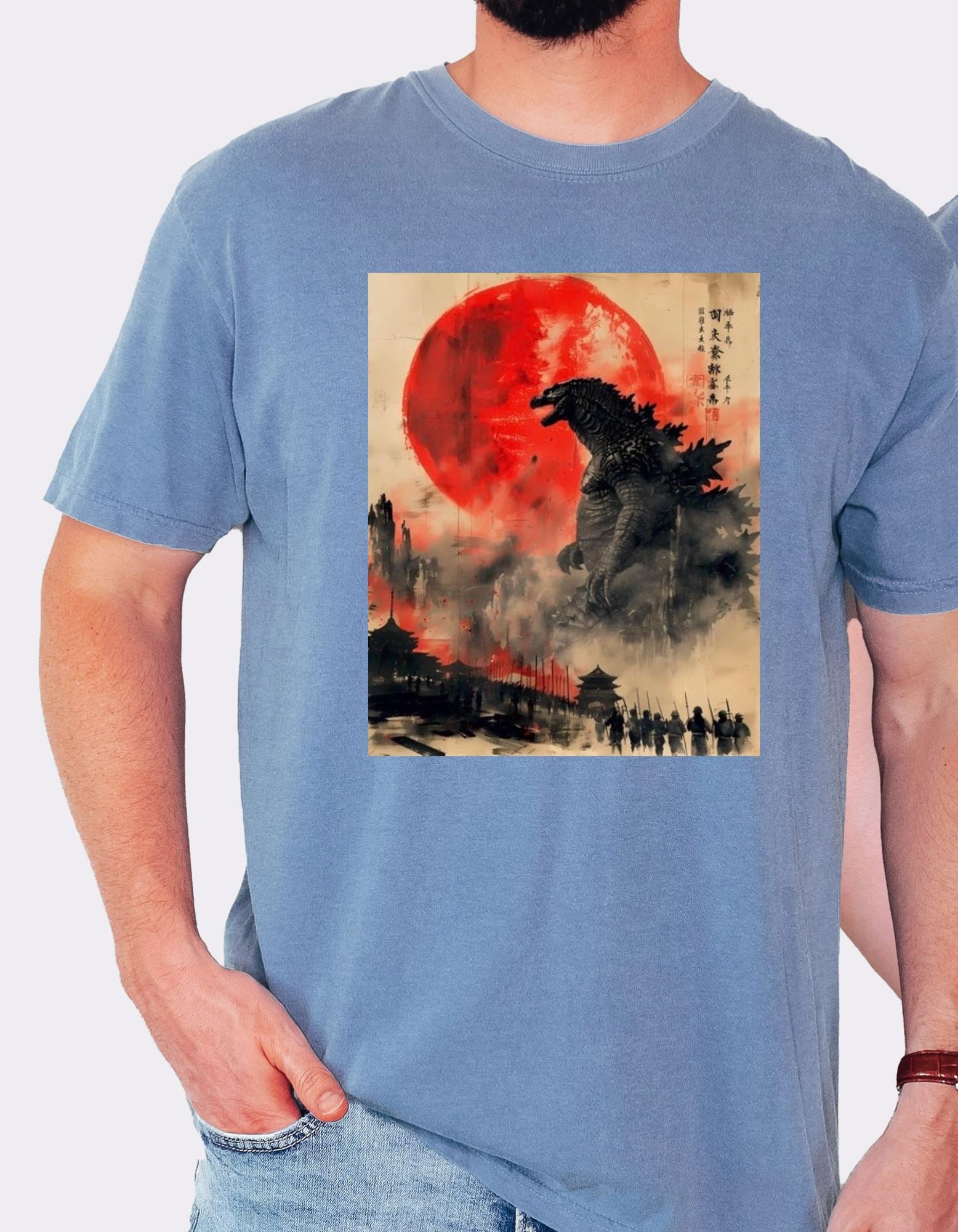 Godzilla Japanese Godzilla Woodblock Style Shirt , Retro Horror Monster T-shirt , Kaiju Fan Top | Unique Gift Idea, Japanese Giant Monster