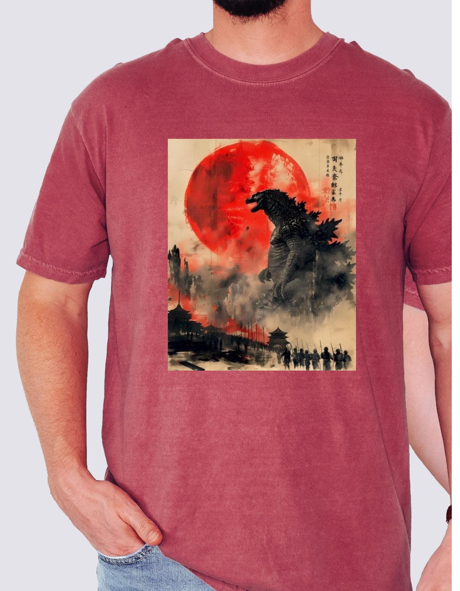 Godzilla Japanese Godzilla Woodblock Style Shirt , Retro Horror Monster T-shirt , Kaiju Fan Top | Unique Gift Idea, Japanese Giant Monster