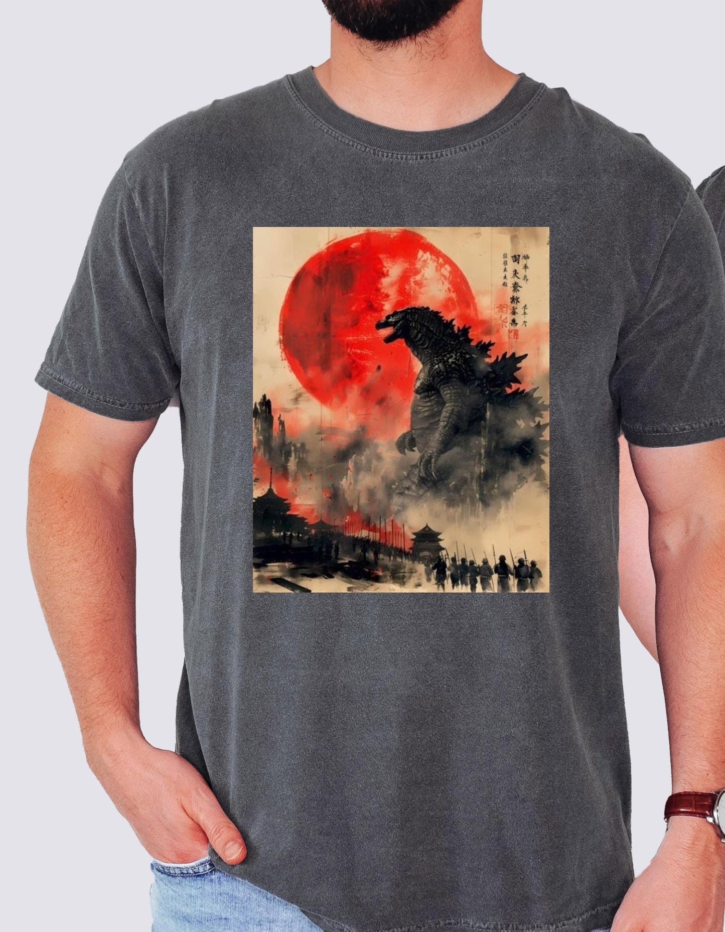 Godzilla Japanese Godzilla Woodblock Style Shirt , Retro Horror Monster T-shirt , Kaiju Fan Top | Unique Gift Idea, Japanese Giant Monster