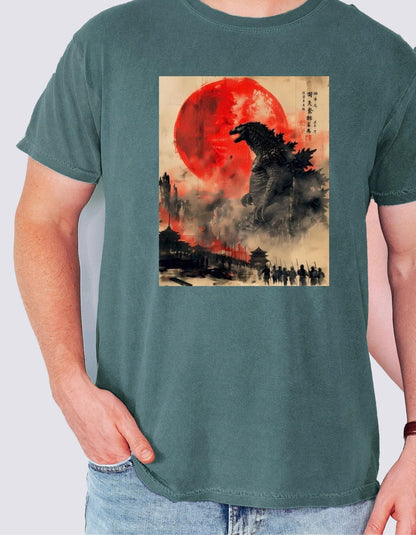 Godzilla Japanese Godzilla Woodblock Style Shirt , Retro Horror Monster T-shirt , Kaiju Fan Top | Unique Gift Idea, Japanese Giant Monster